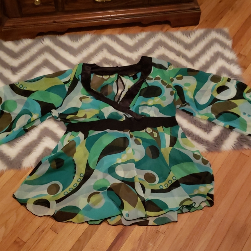 Lane Bryant Teal Green Blue Print Surplice Blouse